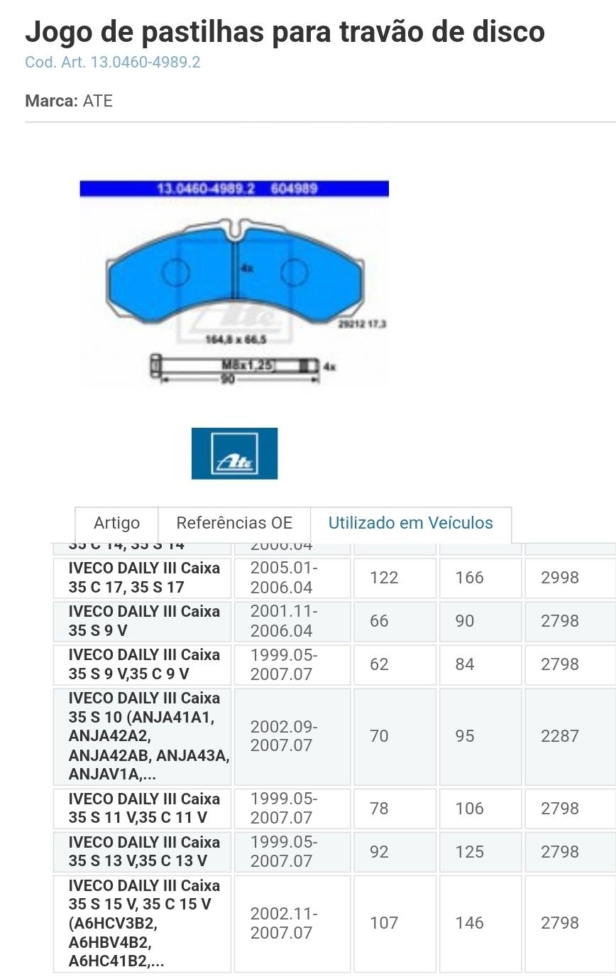 Jogo Pastilhas ATE para Iveco daily II (novas na caixa)