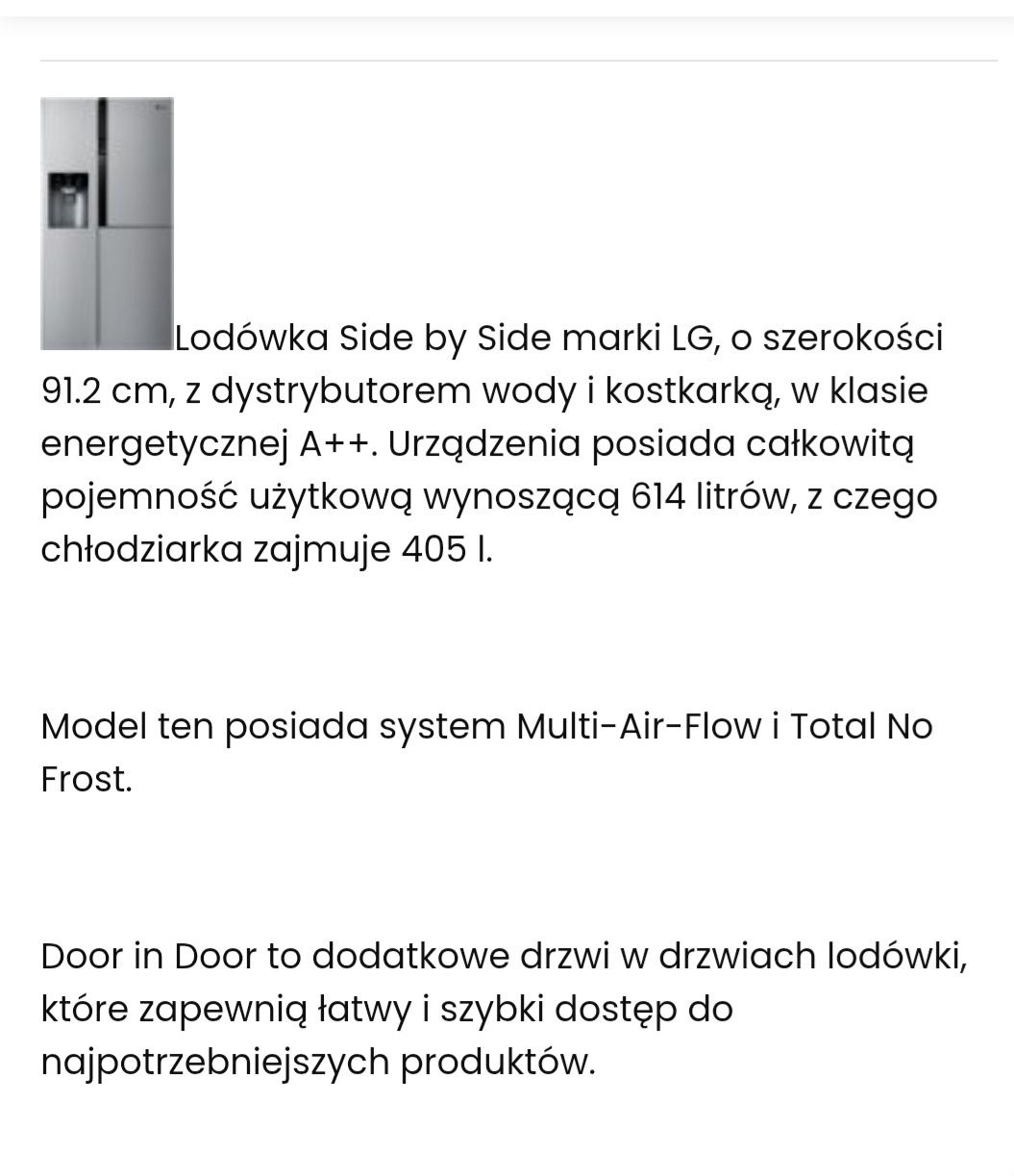 Lodowko zamrażarka LG z dystrybutorem wody i kostkarką do lodu