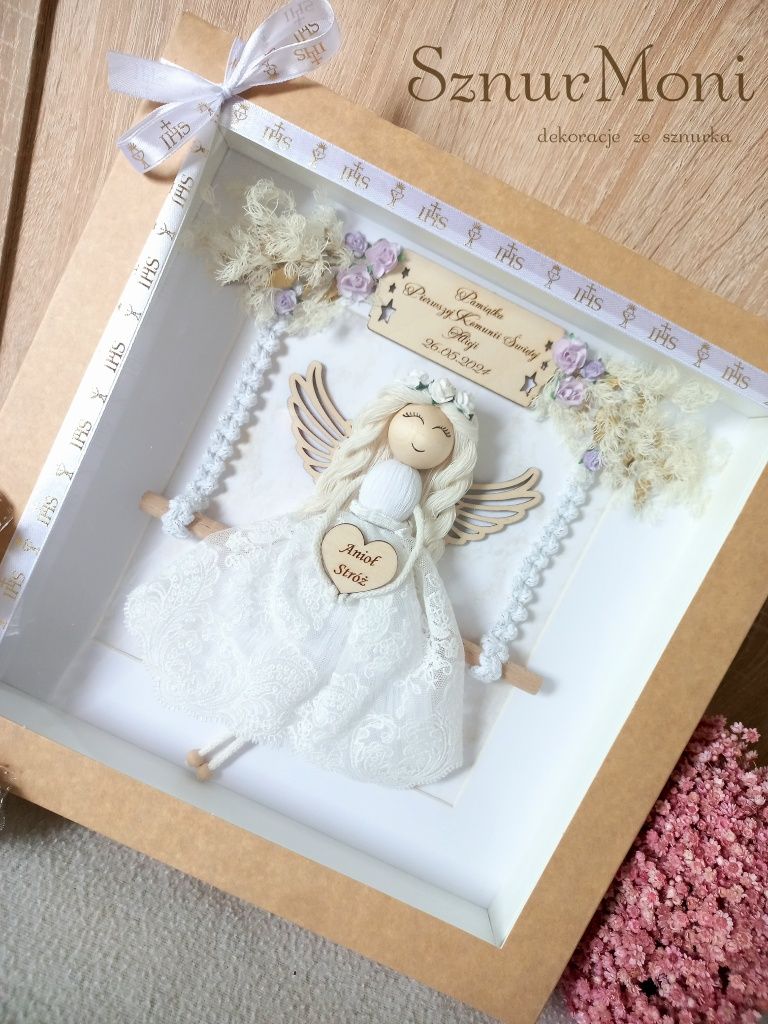Obrazek ramka z aniołem Stróżem pamiątka Komunii lub chrztu