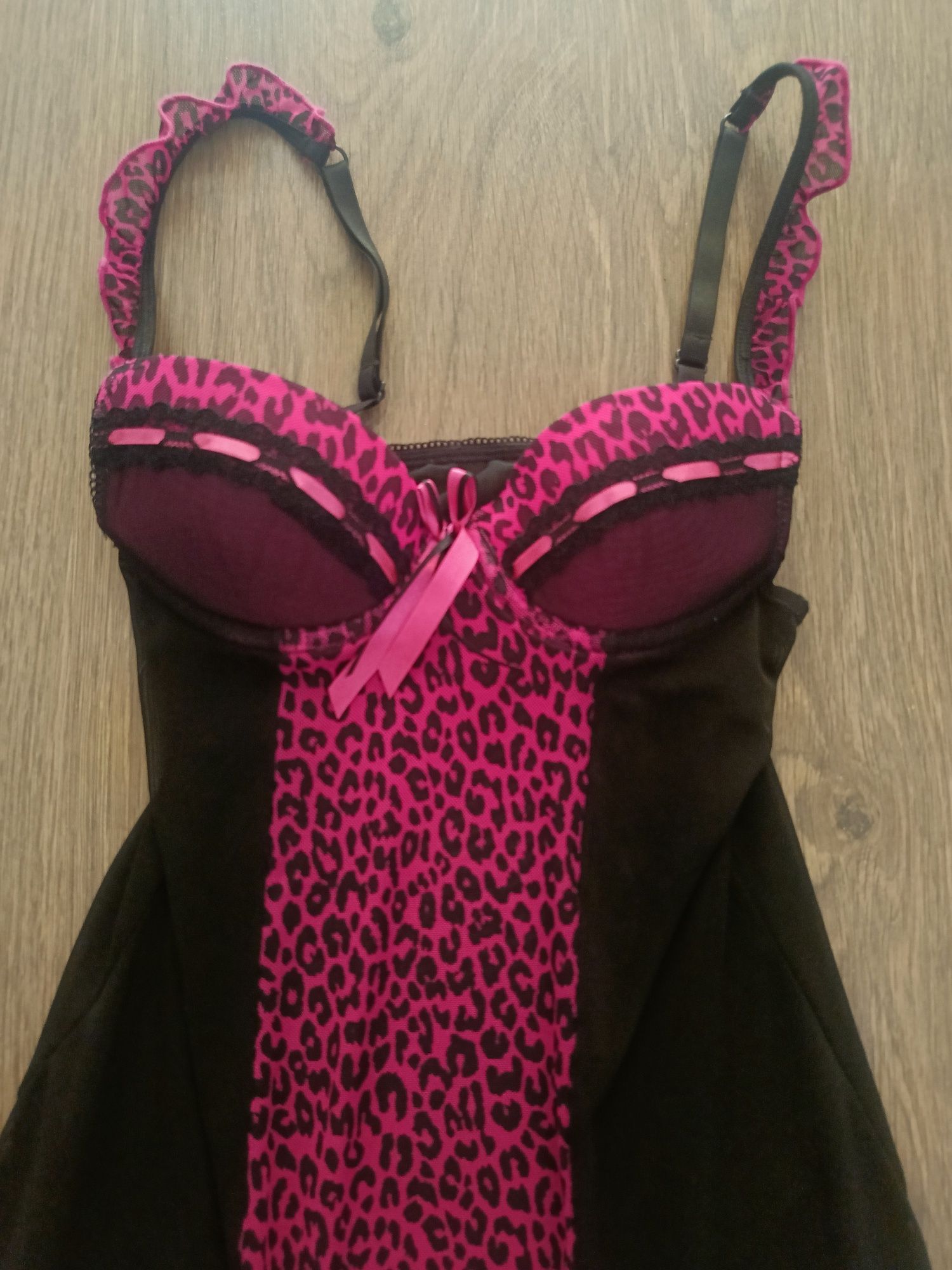 Koszulka nocna do spania sexy koszula nocna S 36 czarna różowa