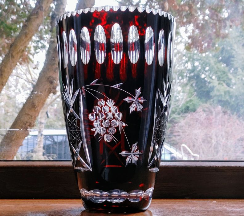 Wazon kryształowy burgund bordo wino Krysztaly prl flakon duży kolor