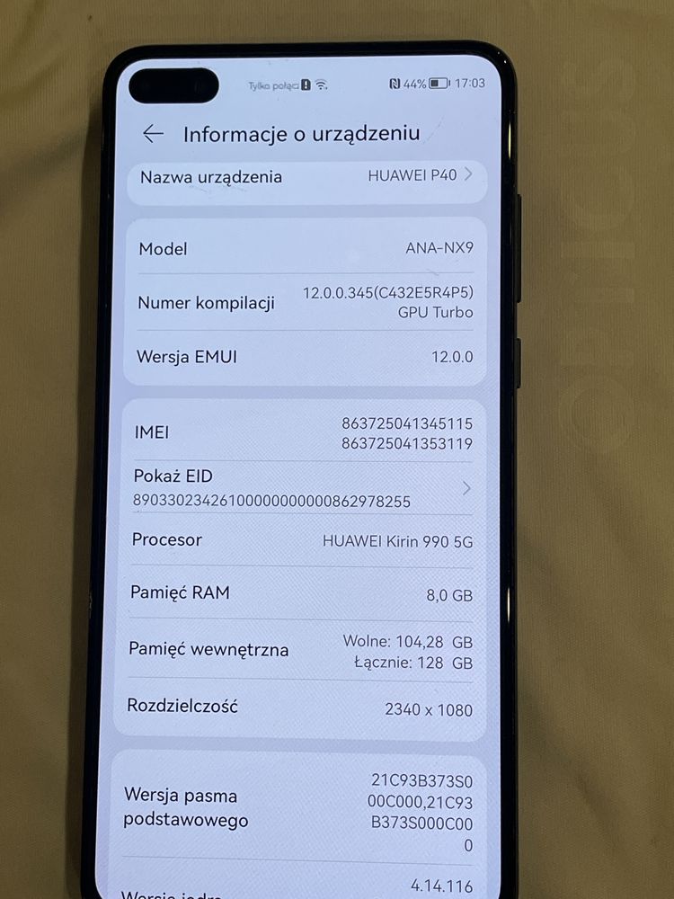 Huawei P40 pamięć RAM 8 ROM 128