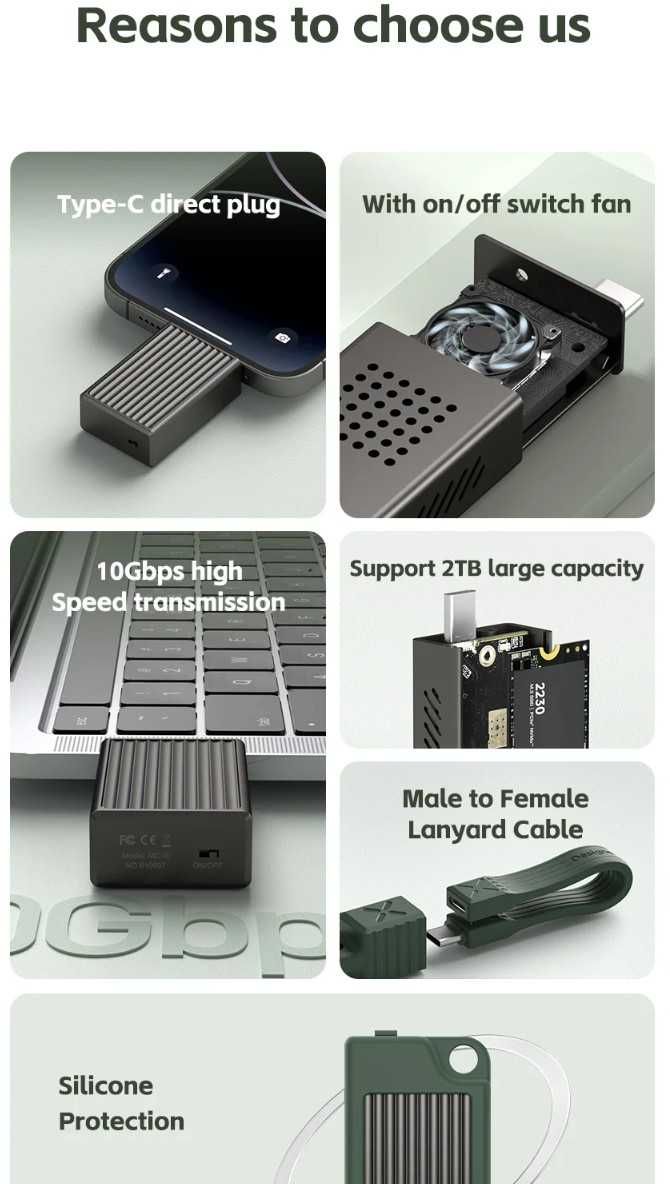 Hagibis 2230 корпус для SSD M2 NVMe 10Gbps Type C USB3.2 Gen2 with Fan