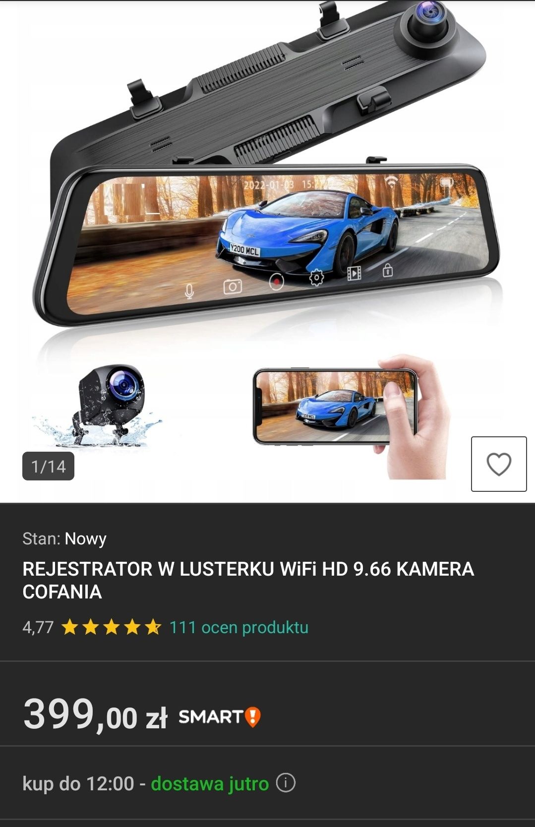 REJESTRATOR W LUSTERKU WiFi HD 10"". Przednia kamera. Gwarancja!
