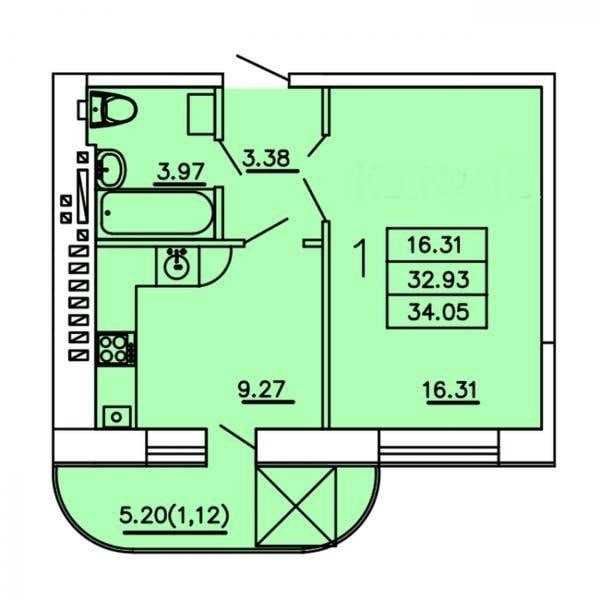 Однокомнатная квартира 35 м² в ЖК “Теплый Дом”. ГОС программы
