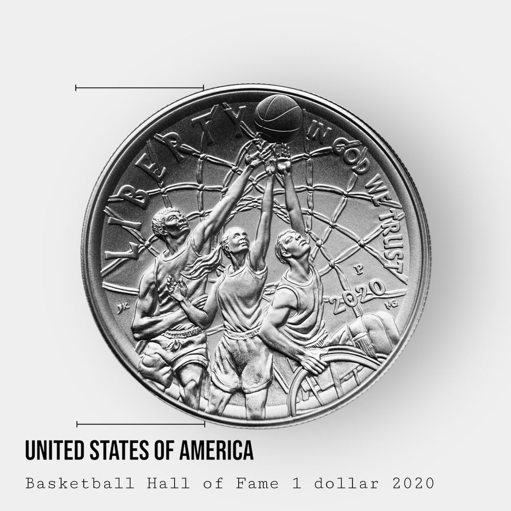 Срібна монета 1 долар 2020 | США 0.999 | Баскетбольний зал слави