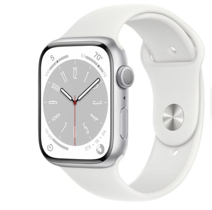 APPLE Watch 8 GPS 45mm srebrny) + pasek sportowy (biały)