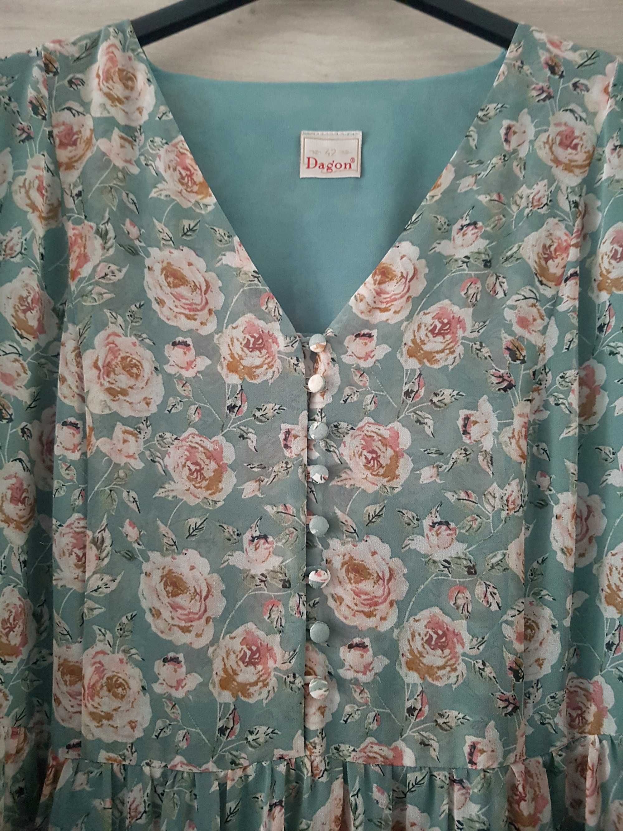 Dagon Turkusowa sukienka w kwiatuszki szyfonowa XL