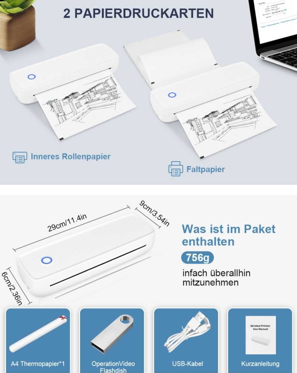 Mobilna mini drukarka termiczna A4, Gukkk,Bluetooth, Przenośna, Wygoda
