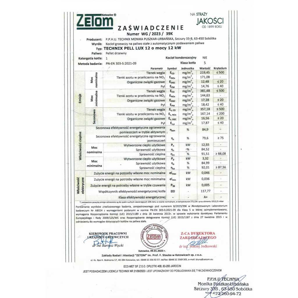 Kocioł pelletowy TECHNIX PELL LUX 12kW – 5 Klasa ECODESIGN Lista ZUM