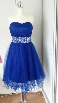 Wieczorowa sukienka cekiny falbanki tiul niebieski M