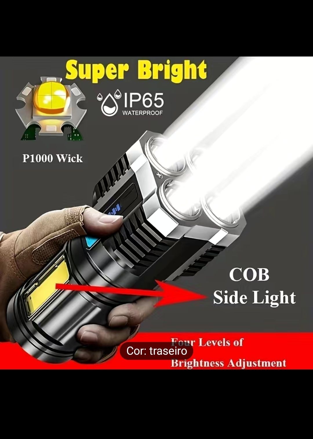 Lanterna com 4 modos LED, USB, recarregável, 90000 lumens, luz lateral