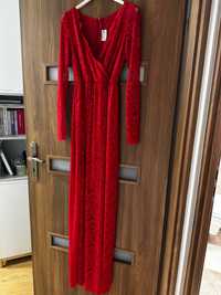 Sukienka czerwona maxi z koronką i długim rękawem - cudna!