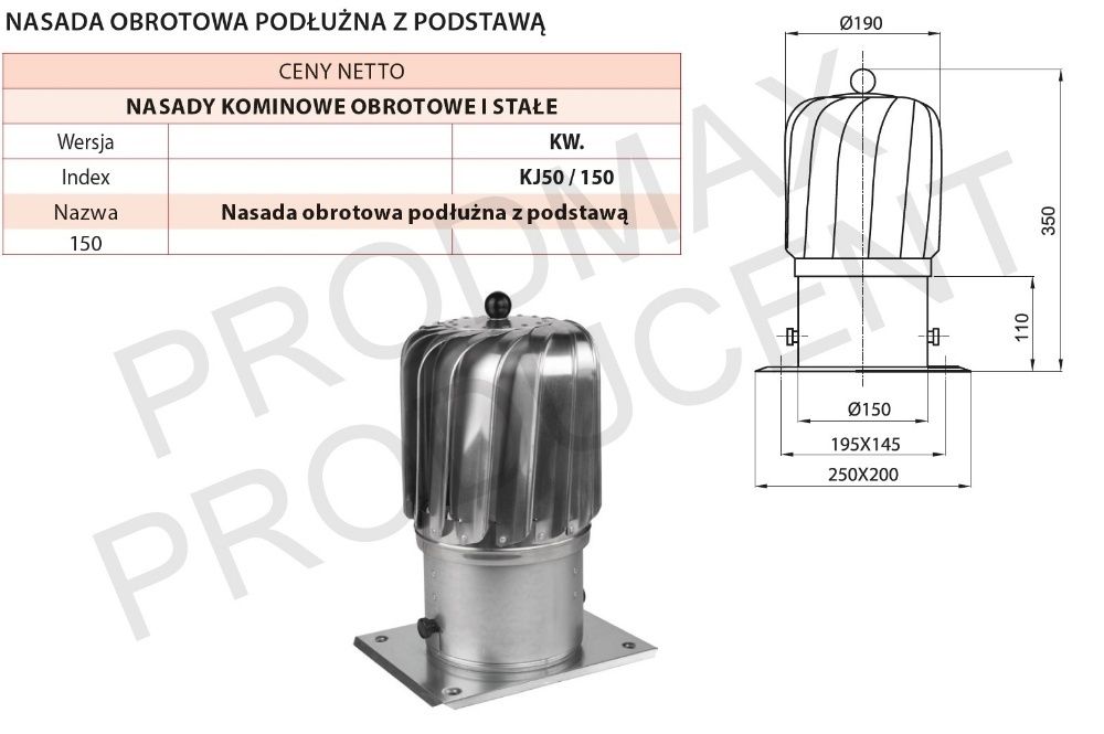 NASADA ROTOWENT Kominowa Podłużna FI 150 Kwas Z Podstawą PRODUCENT