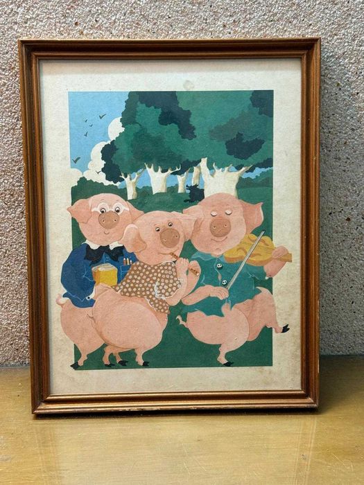 Quadro Vintage "Os Três Porquinhos" com Moldura de Madeira