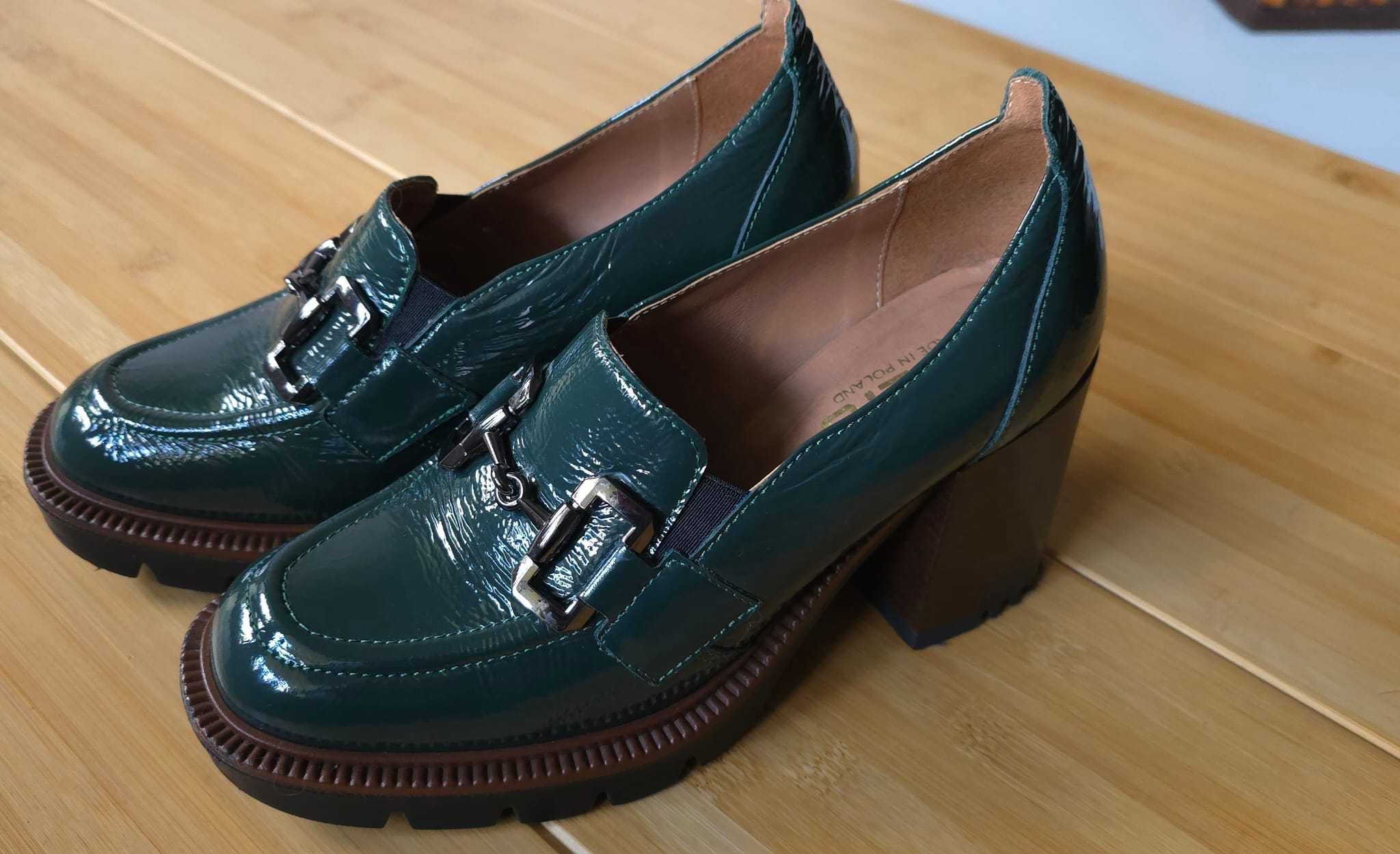 Buty damskie Kulig skórzane, zielone, lakier na słupku, r.37, jak nowe