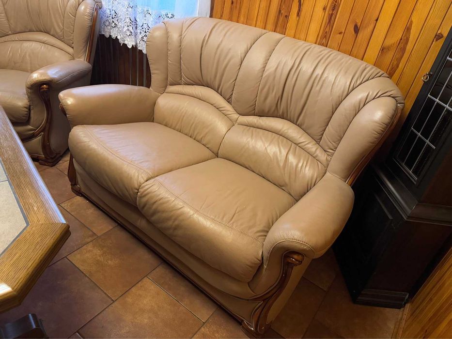 Meble skórzane drewniane komplet / sofa 3os 2os fotel stolik skóra