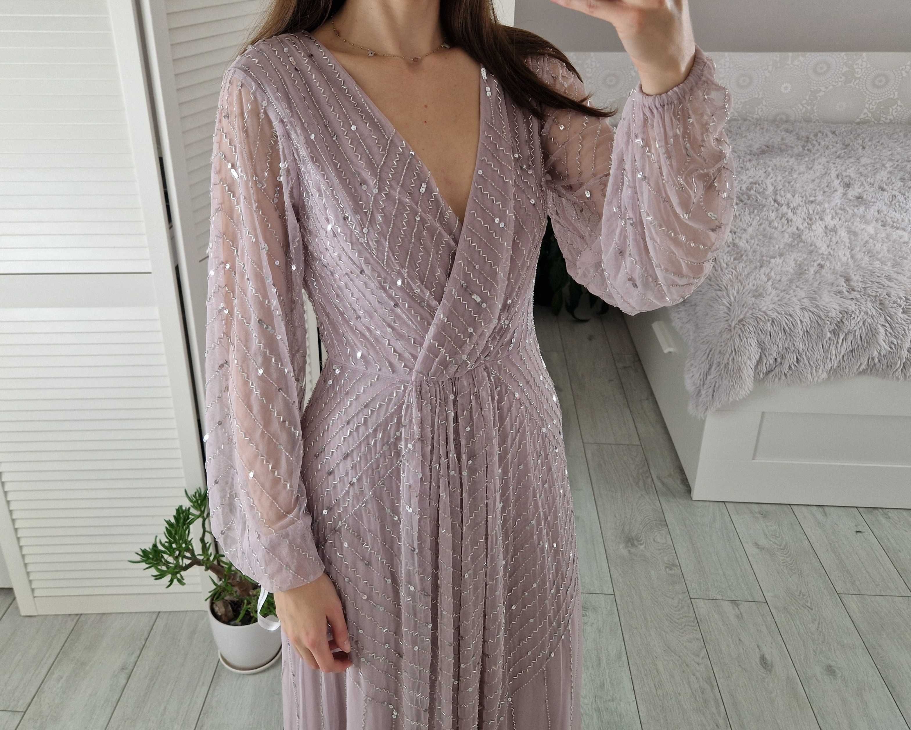 Frock&frill sukienka pudrowa maxi zdobiona tiulowa z długim rękawem S