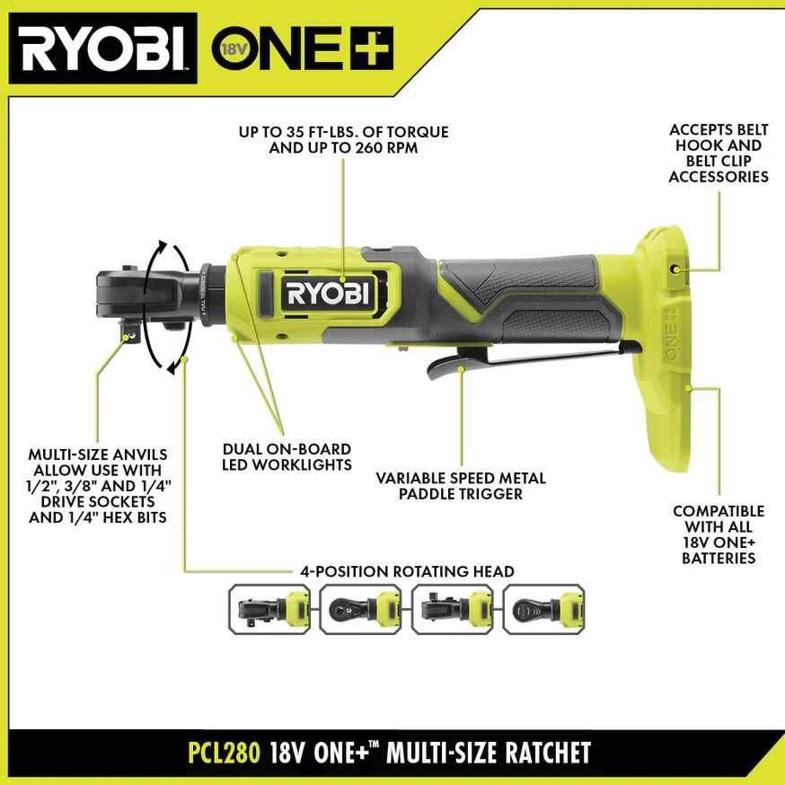 Бездротова мультирозмірна трещітка ключ храповик Ryobi One+ PCL280