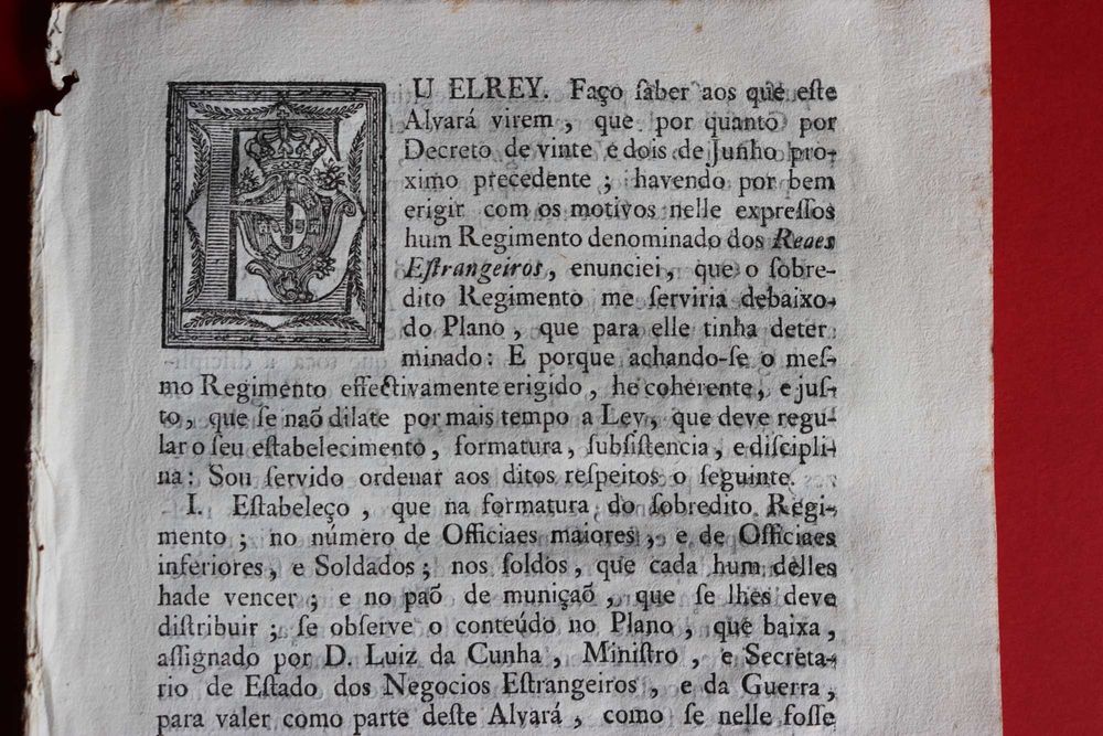 Rei D José alvará do Regimento dos Reaes Estrangeiros 1763