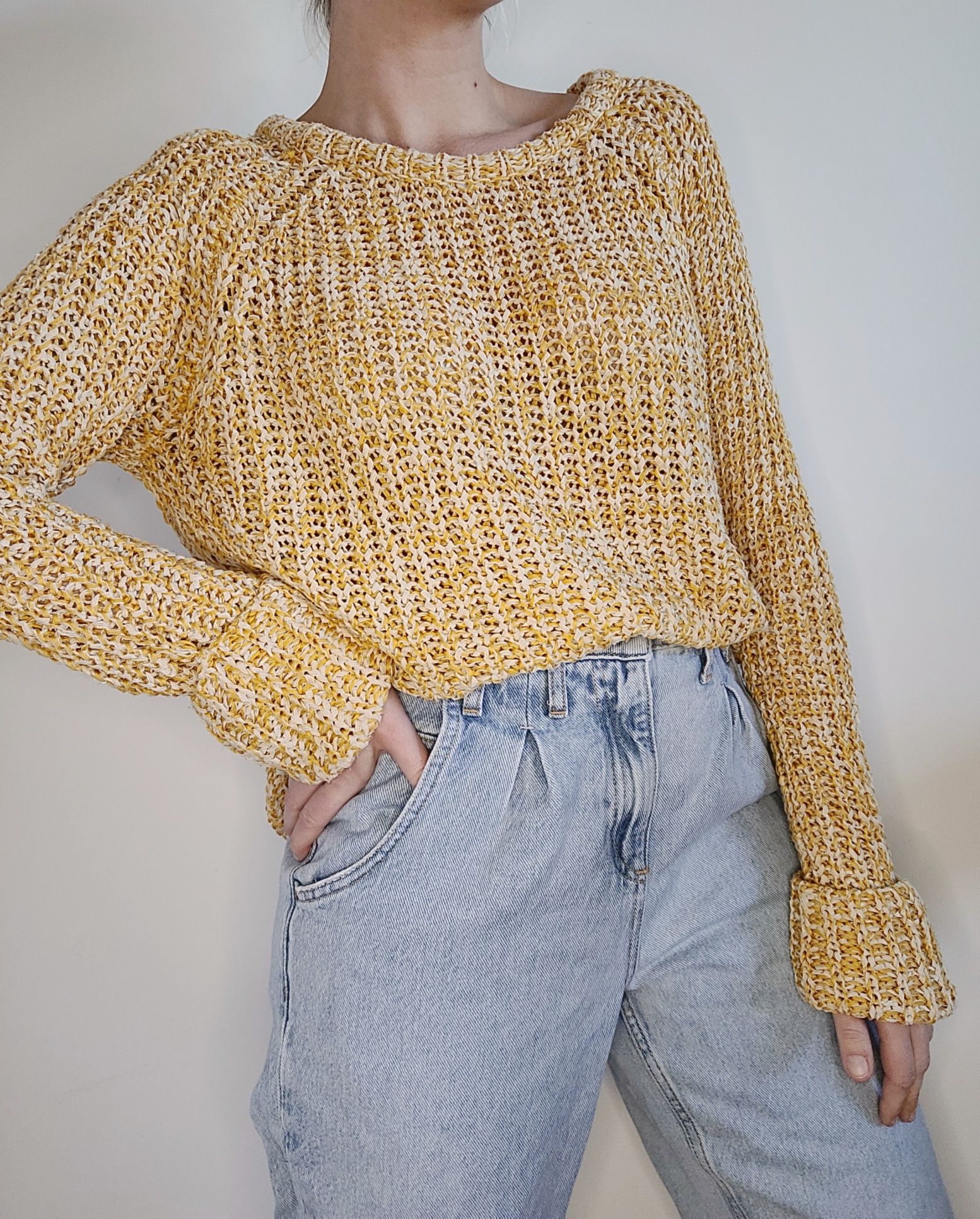 Żółty pleciony sweter oversize boho H&M