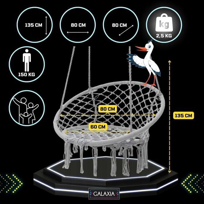 HUŚTAWKA BOCIANIE GNIAZDO Ogrodowa Fotel Wiszący Krzesło BOHO 80 cm