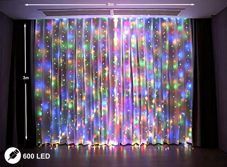 6x3m 600led kurtyna ledowa kolorowa dekoracja świąteczna lampki