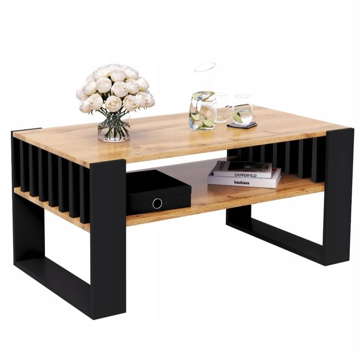 Stolik kawowy z lamelami 90x50 wotan/czarny loft