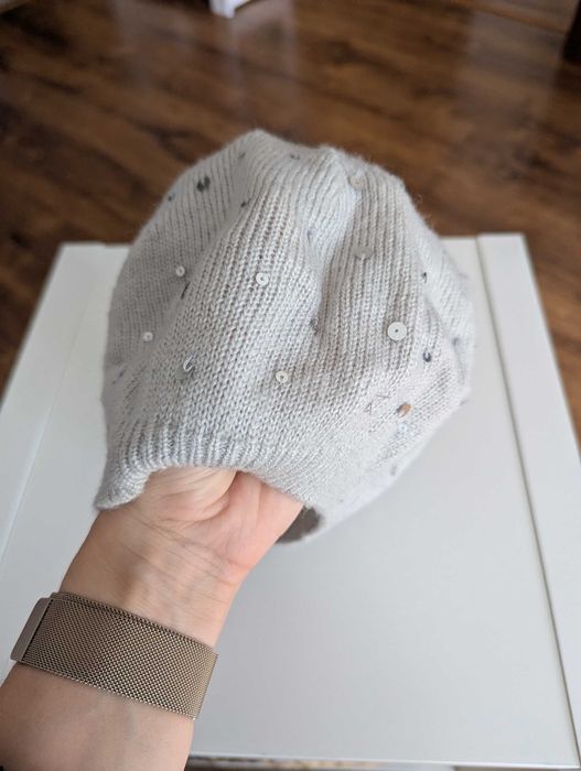 Czapka - beret  szary z cekinami na jesień - 152-170 h&m