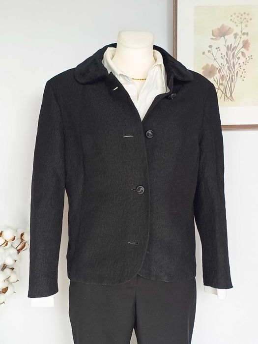 Czarny żakiet żakardowy 100% wełna damski Berliner Chic 42 XL