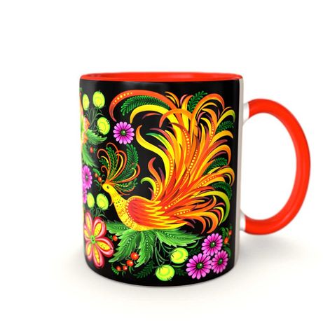 Чашка кольорова з авторським малюнком. Райські пташки. Друк на чашках.