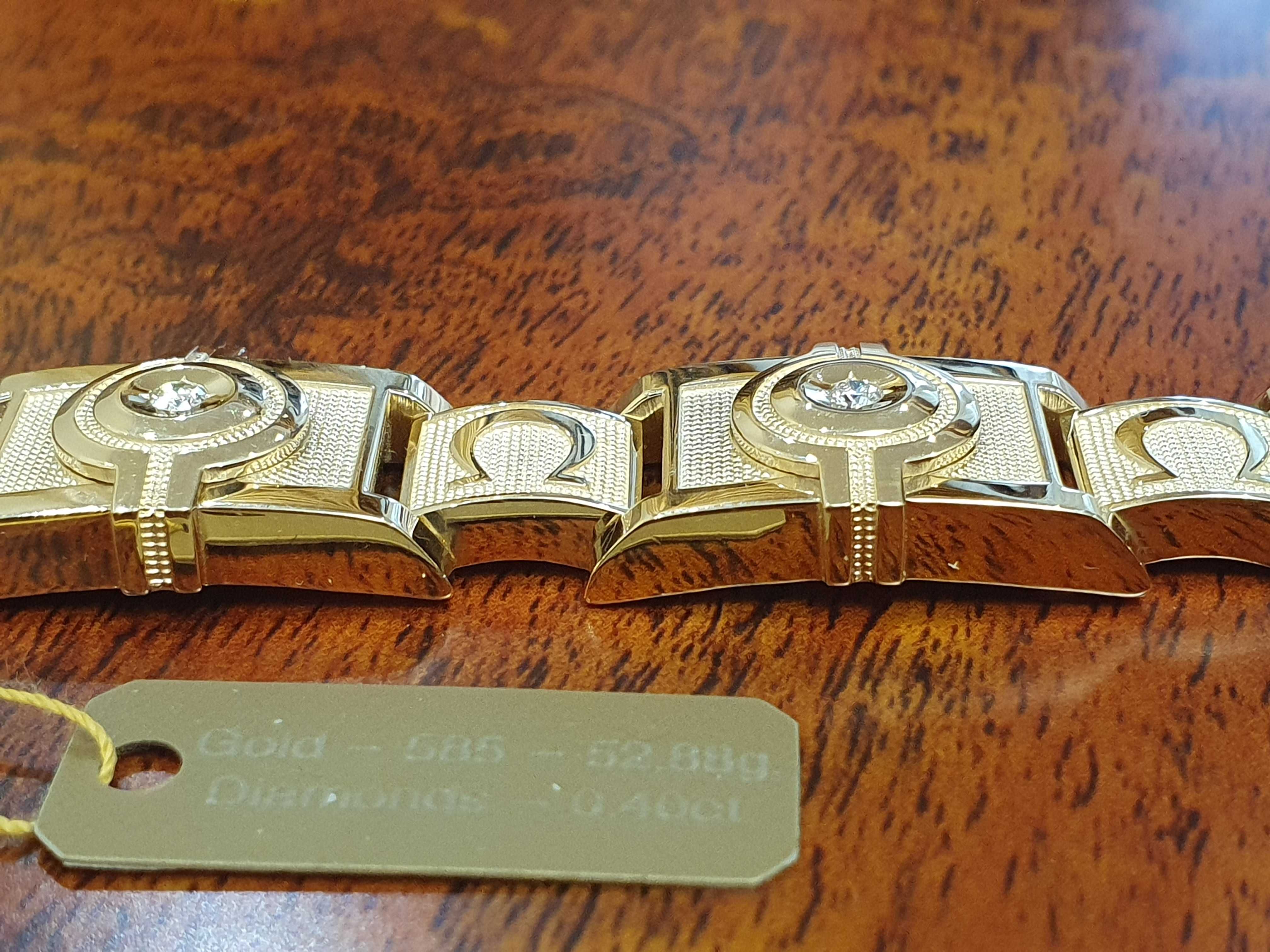 ZŁOTA BRANSOLETKA Z Diamentami Waga-52,9 gr.Próba-585.Ręcznie Robiona.