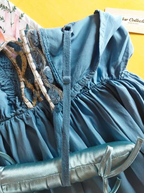 Sukienka letnia midi BOHO ozdobny dekolt kolor morski S M L