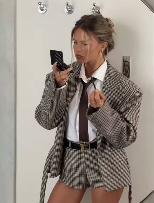 Ретро клетчатий пояс, куртка, шорты, комплект, женский блейзер