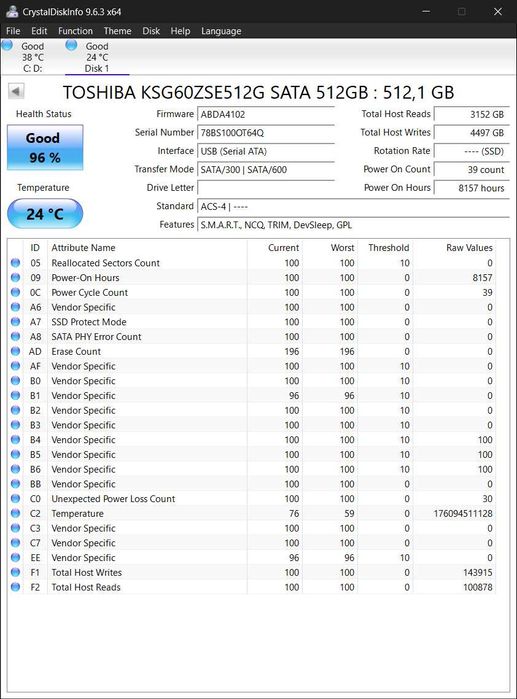 SSD 512Gb SATA 2.5 Toshiba SG6 KSG60ZSE512G 0TTGHY 79 - 96% здоров'я