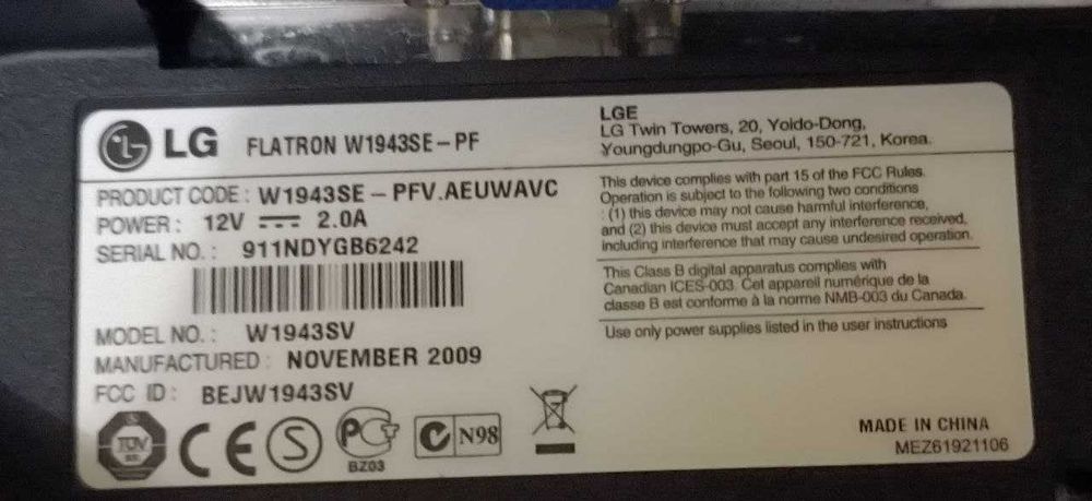 Монітор 19" LG Flatron W1943SE-PFV Б/В