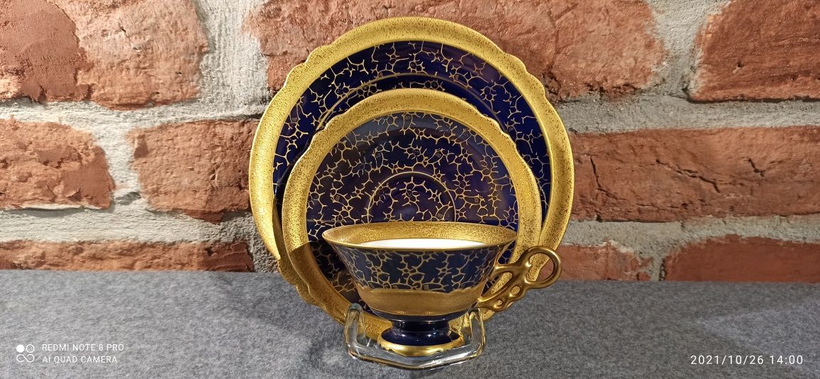 R..Porcelana  ILMENAU TRIO BRABANT Echt Kobalt 24K złocona