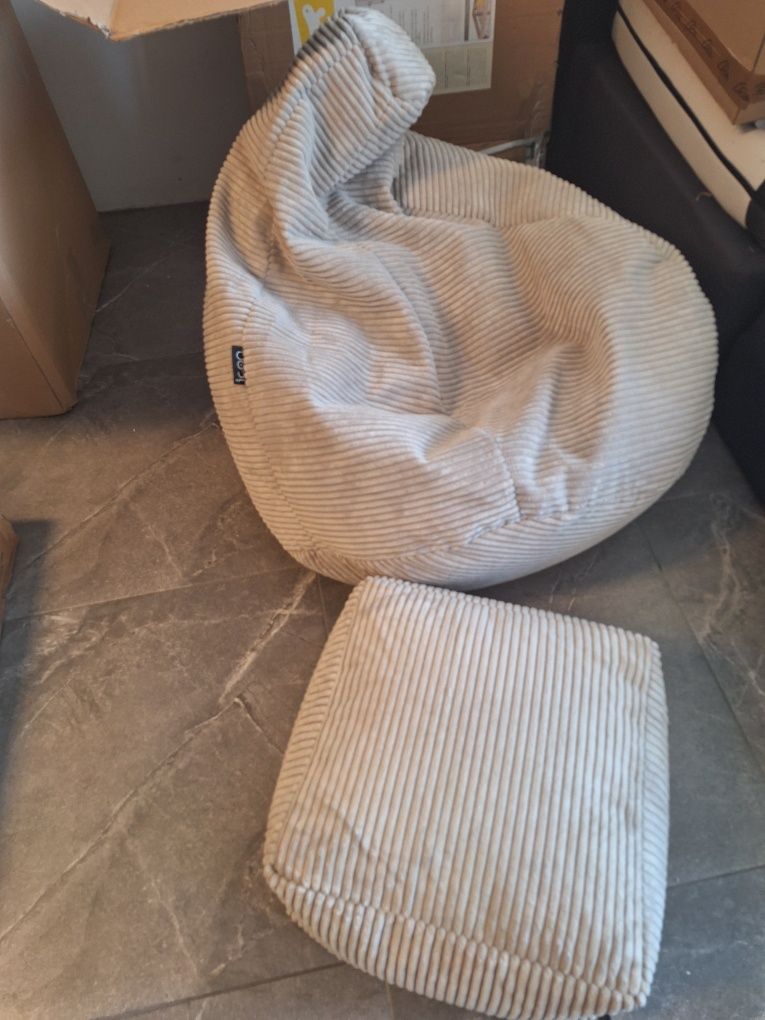 Nowy beżowy zestaw fotel wypoczynkowy duży sako z podnóżkiem boho