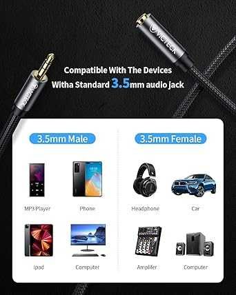 VICTECK Przedłużacz audio 5 m - nylonowy pleciony przewód jack 3,5 mm