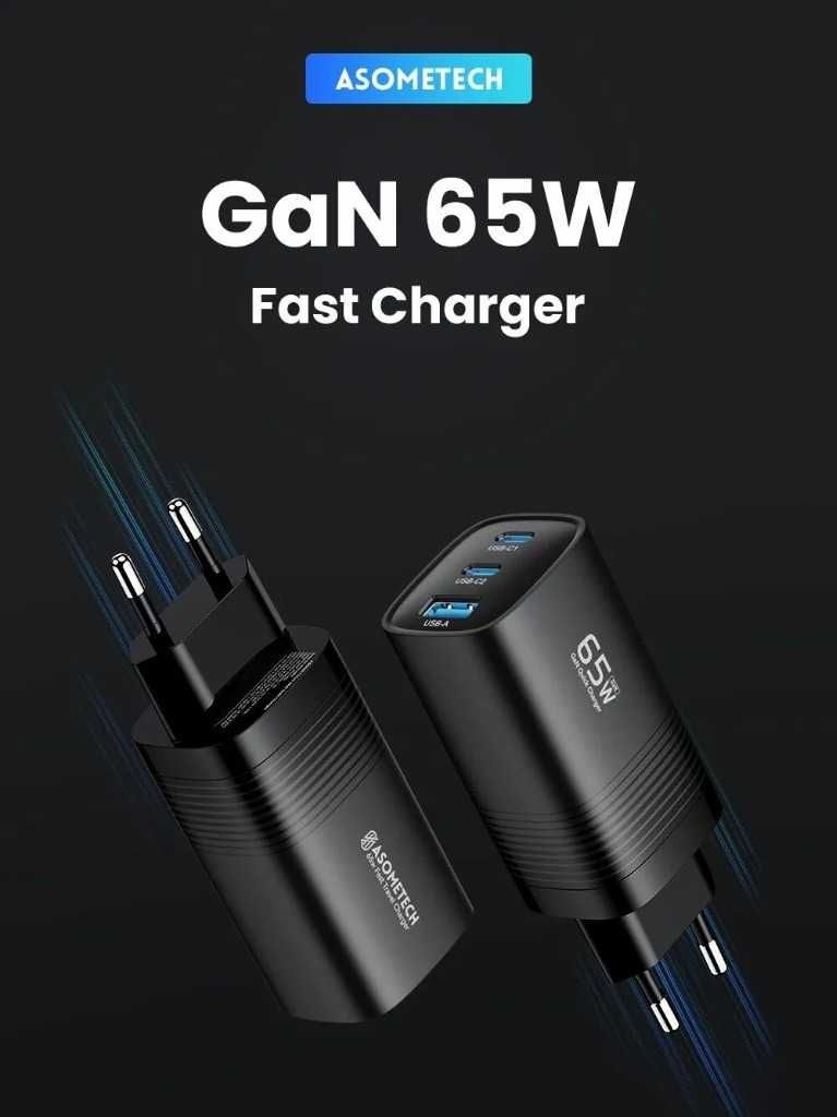 Ładowarka 65W Samsung s23 iPhone14 MacBook GaN 2x USB-C, 1x USB-A