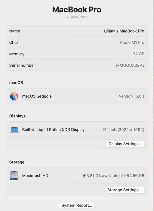 Macbook Pro 14 inch M1 32GB 2021 року в ідеальному стані