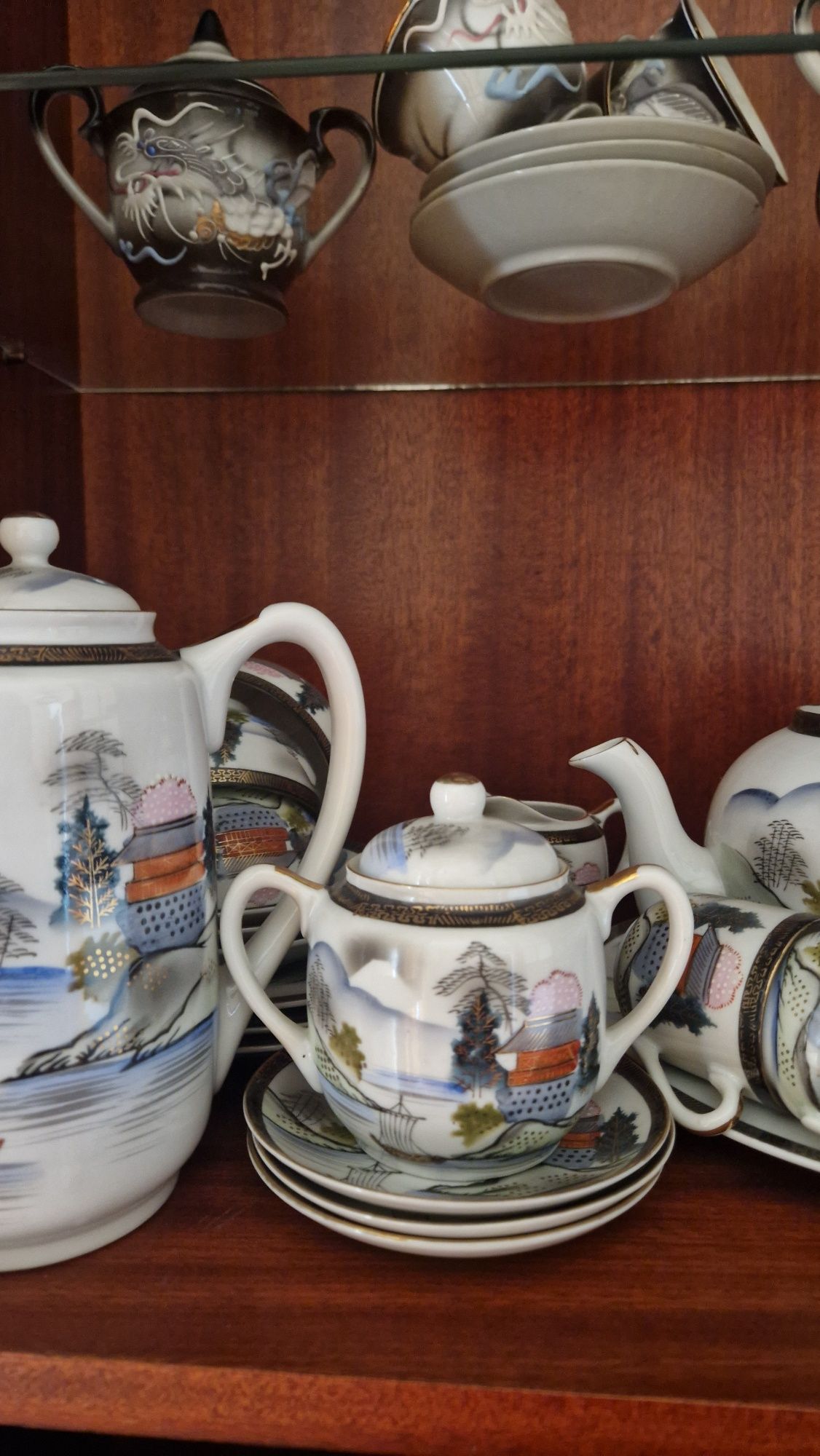 Conjunto de chá japonês antigo com geisha escondida (15 peças)