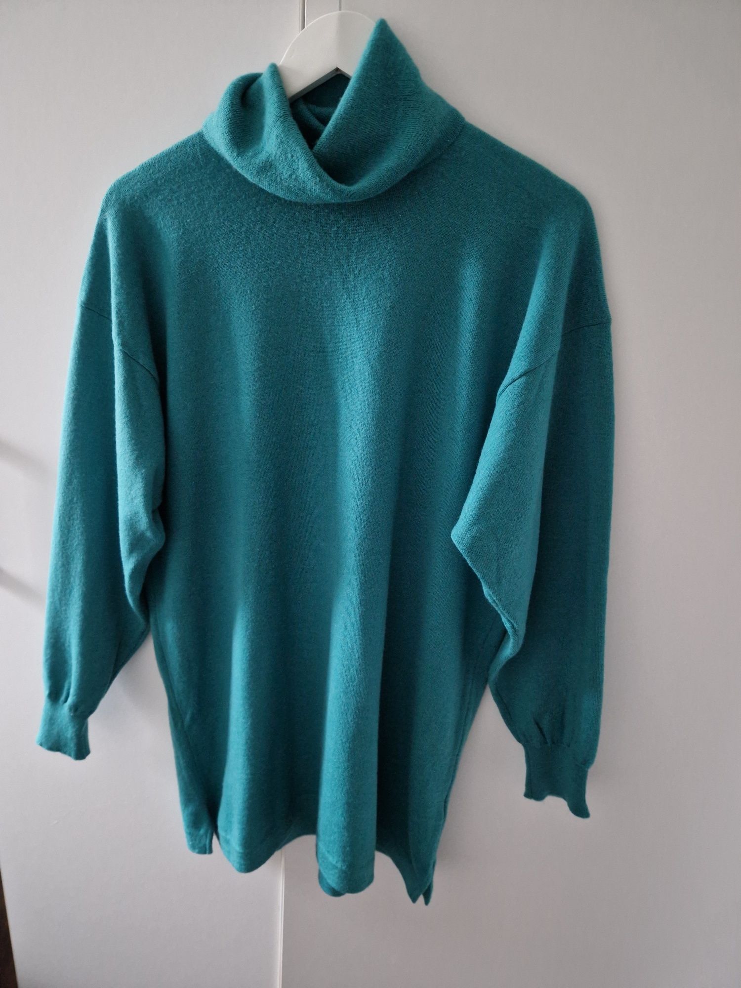 Miękki turkusowy sweter z 100% wełny dziewiczej, L/XL, klasyczny, casu
