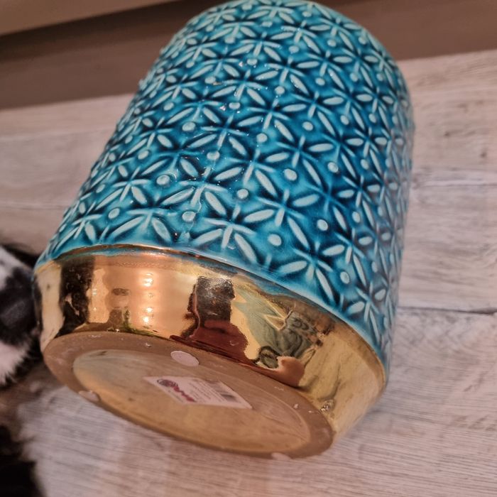 Osłonka doniczka ceramiczna turkusowa duża  niebieska złota