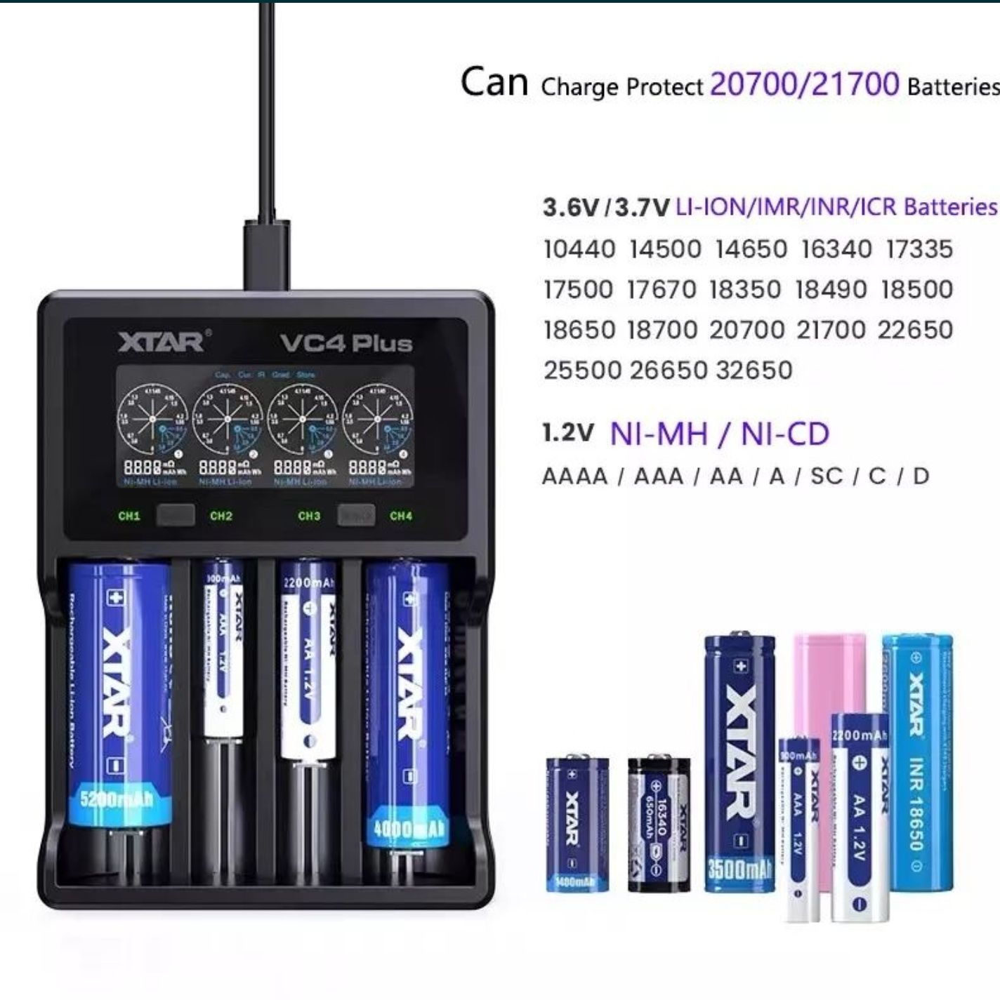 Xtar vc4 plus зарядное для 18650 21700 АА ААА