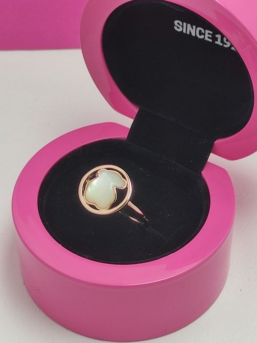 Pierścionek 16, 20 z misiem różowe srebro vermeil 925 z masą perłową