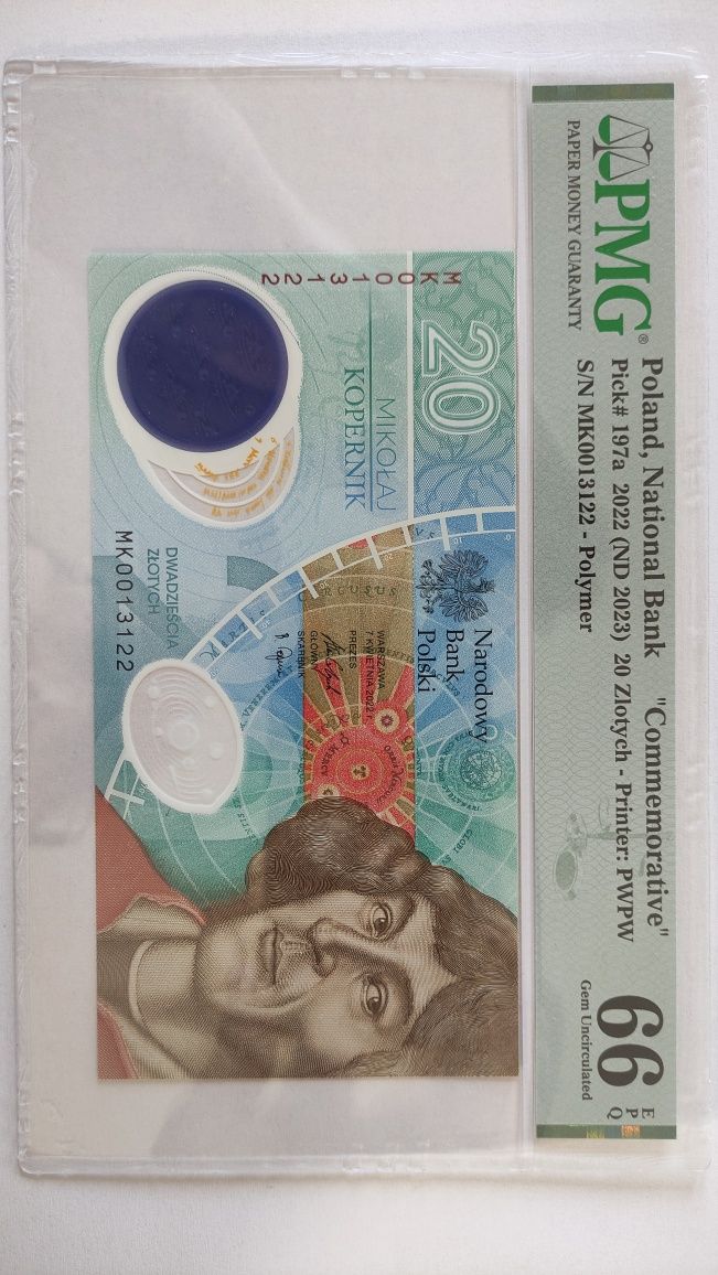 Banknot 20 zł Mikołaj Kopernik, w gradingu firmy PMG z nota 66