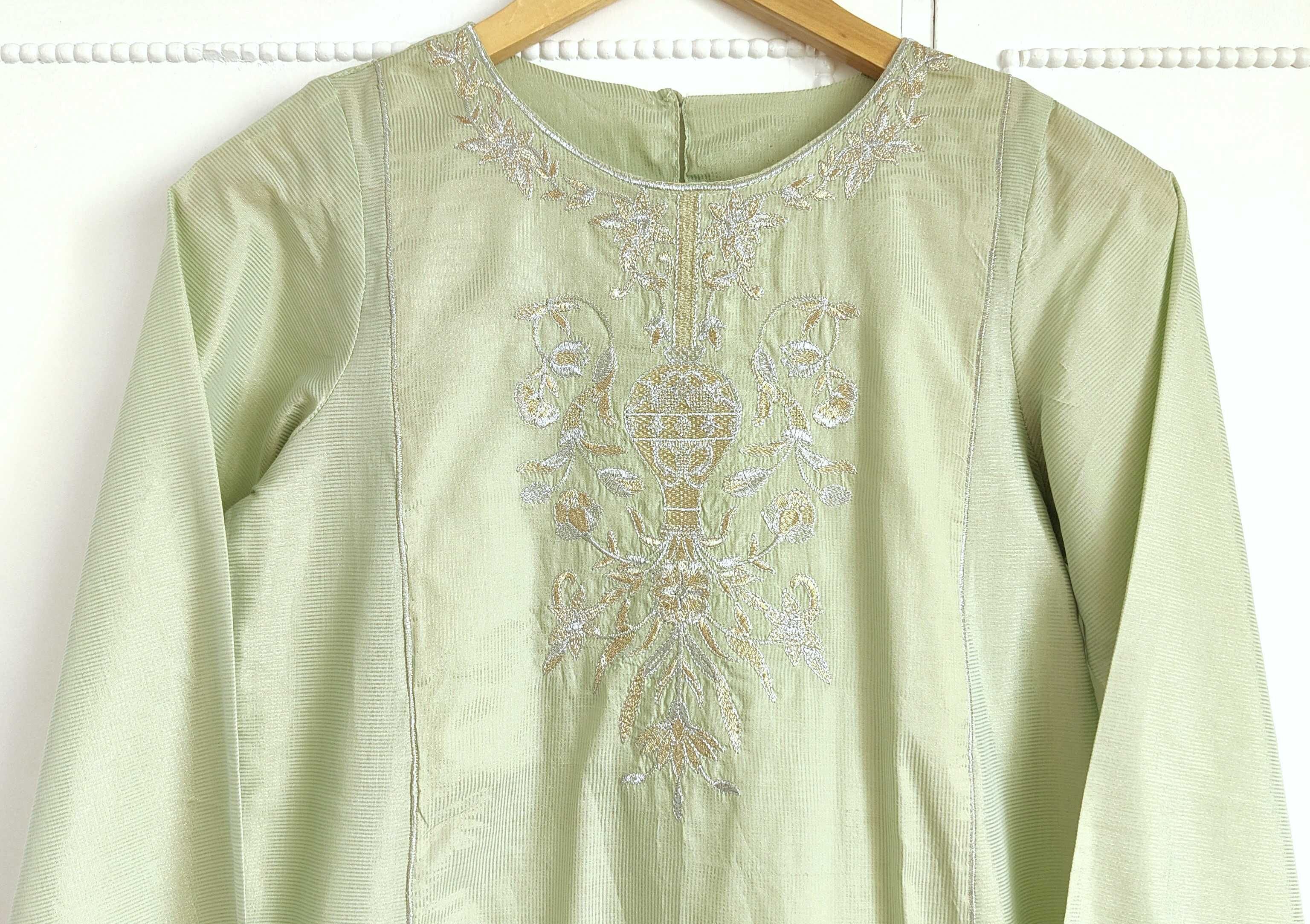 Indyjski komplet M 38 zielony złoty haftowany tunika kameez kurta boho