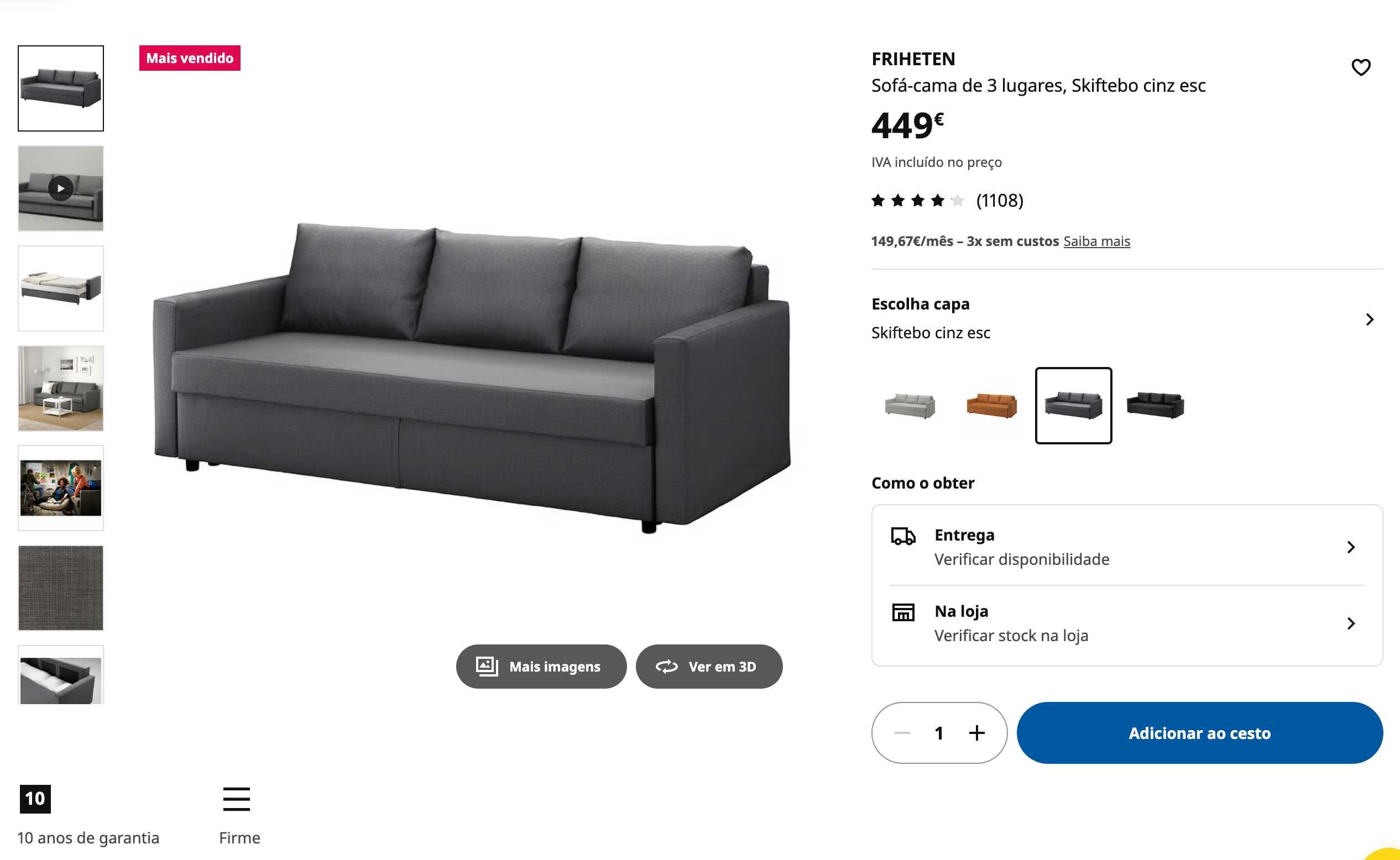 Sofá-cama IKEA FRIHETEN – cinzento escuro