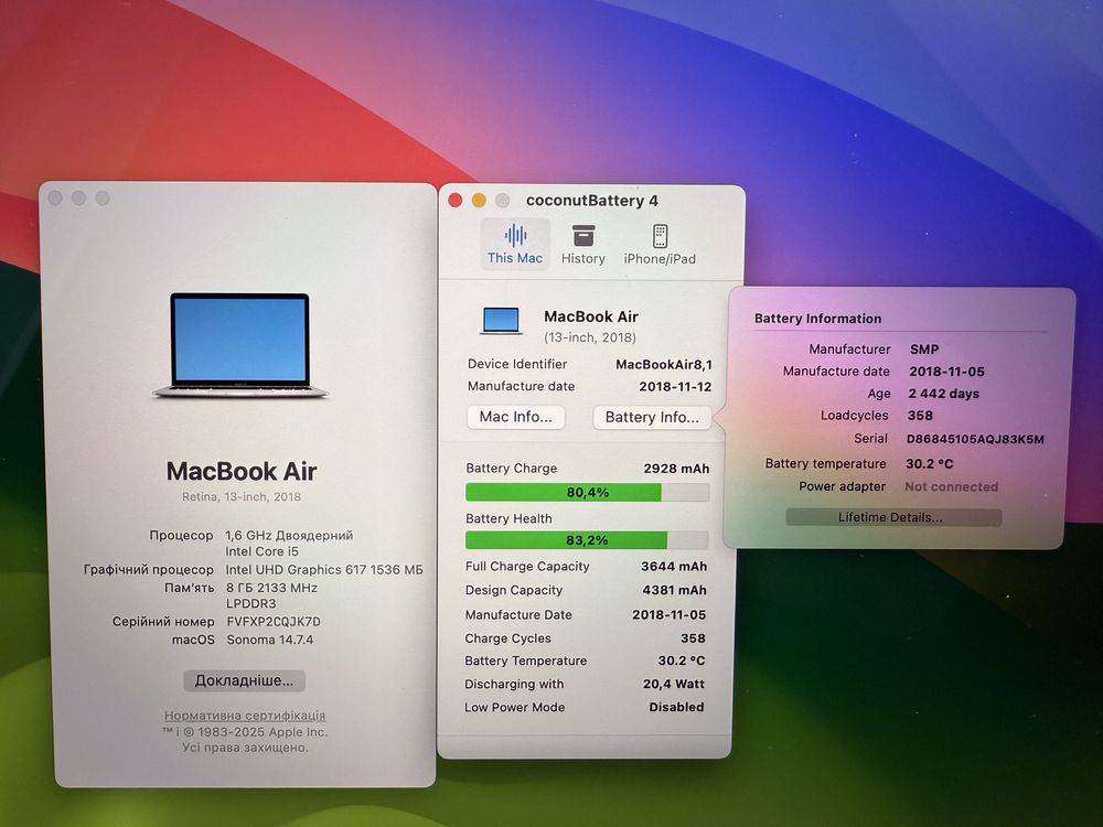 Apple MacBook Air 2018 i5/1.6/8gb/256gb 85%